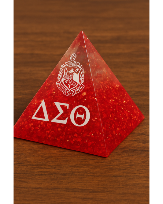 Delta Sigma Theta Red Glitter Resin Pyramid Paperweight – DST Crest & Greek Letters Decorative Desk Display